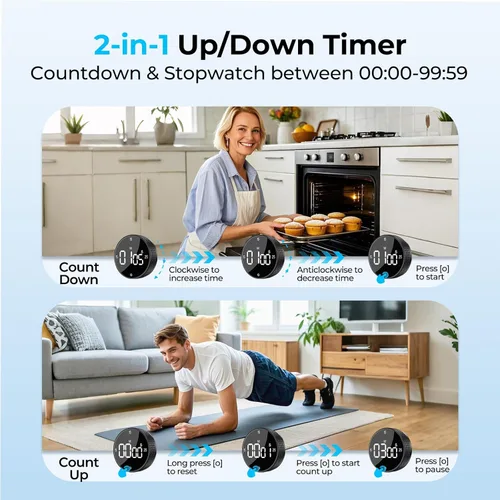 Vista 6 de Temporizador magnético de cocina para cocinar con alarma fuerte - Gran pantalla LED de cuenta atrás rotativa Pomodoro, preajuste de 5/15/25 minutos