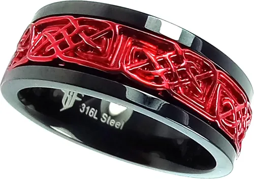 Vista 2 de Anillo giratorio vikingo rojo de acero inoxidable negro para hombres y mujeres, banda nórdica celta antiansiedad, tallas 5-17