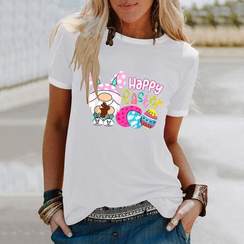 Vista 2 de Camisetas de Pascua para mujer, cuello redondo, a la moda, lindas camisetas de manga corta sueltas