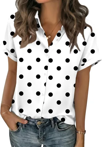 Vista 21 de Zeagoo Blusas de verano de manga corta para mujer, camisas casuales con botones, blusas de trabajo de negocios sólidas/a rayas