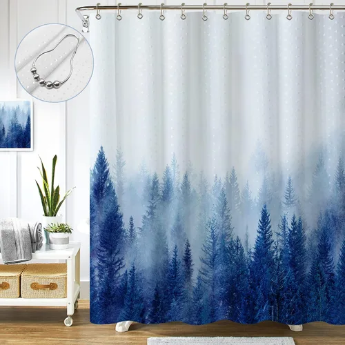 Vista 17 de ORTIGIA 36x72 Cortina de ducha de bosque nebuloso para baño pequeño, cortina de ducha estrecha de naturaleza y bosque en blanco y negro con ganchos