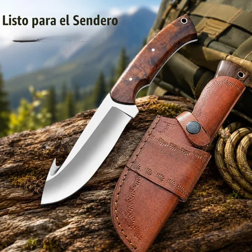Vista 8 de Cuchillo de gancho de acero D2 hecho a mano - Hoja fija de espiga completa con mango de madera y funda de cuero - Cuchillo afilado para desollar