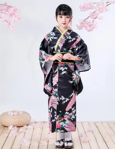 Vista 3 de Vestido kimono japonés para niñas, disfraz de anime, cosplay, Halloween, bata elegante Negro