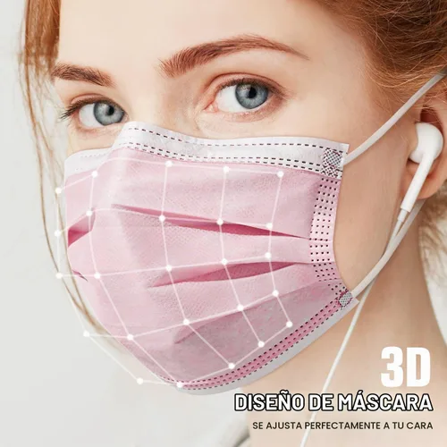 Vista 5 de 50 unidades de máscara desechable con filtro de 3 capas no médica respirable con cinta elástica para las orejas Rosa