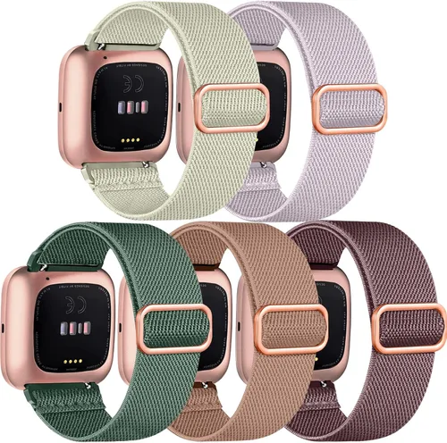 Vista 8 de Paquete de 5 bandas compatibles con Fitbit Versa 2 para mujeres/Versa Lite/SE, suave banda de nylon trenzada ajustable para un solo bucle
