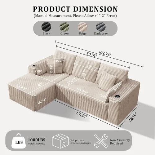 Vista 2 de Sofás deshuesados de 103 pulgadas para sala de estar, sofá en forma de L con diván, sofá modular modular sin montaje para dormitorio, apartamento