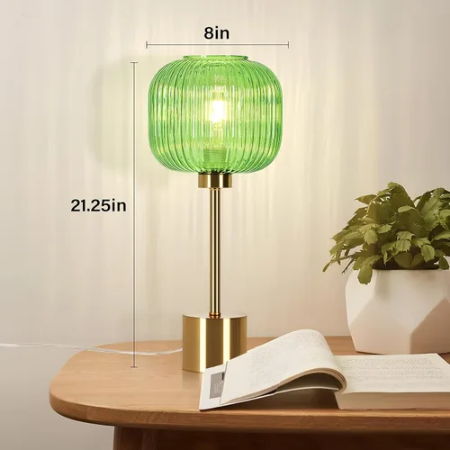 Vista 4 de Lámpara de mesa de cristal verde con 3 vías regulable y control táctil, lámpara de mesita de noche vintage moderna de mediados de siglo