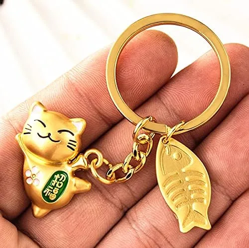 Vista 5 de LinaLife Llavero de metal Maneki Neko Lucky Cat Llavero con colgante de oro de la suerte, gatito Feng Shui, Maneki Neko Lucky Cat llavero