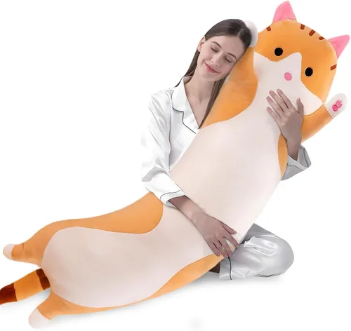 Vista 22 de shangman Bonita muñeca de gato de peluche, bonita almohada de peluche suave de caricaturas, almohada larga para dormir, regalo del día de San Negro
