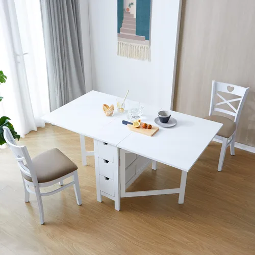 Vista 9 de Livinia Wings - Mesa de comedor de madera con patas de puerta, madera maciza expandible, con hoja caída, ahorro de espacio, con 6 cajones totalmente