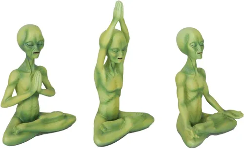 Vista 6 de Ebros Gift OVNI Sighting Green Roswell Alien ET Yoga Meditación Lotus Pose Body Mind and Soul Sitting Figurines Set de 3 criaturas extraterrestres