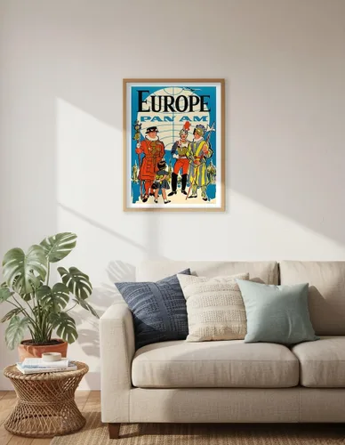 Vista 6 de Europa – Pan American World Airways – Guardia suiza pontificia británica Yeomen of the Guard – Póster vintage de viaje de aerolínea c.1950s