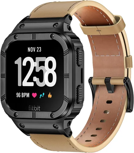 Vista 10 de BAITEYOU Correas de cuero con funda de acero inoxidable compatible con Fitbit Versa 1 2 3 4 Lite Sense 2 1 funda protectora para hombres