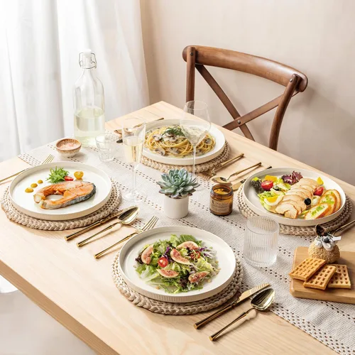 Vista 5 de theterra Juego de 6 platos llanos de cerámica de 10.25 pulgadas, vajilla de cerámica para cocina, horno y microondas y lavavajillas, color beige