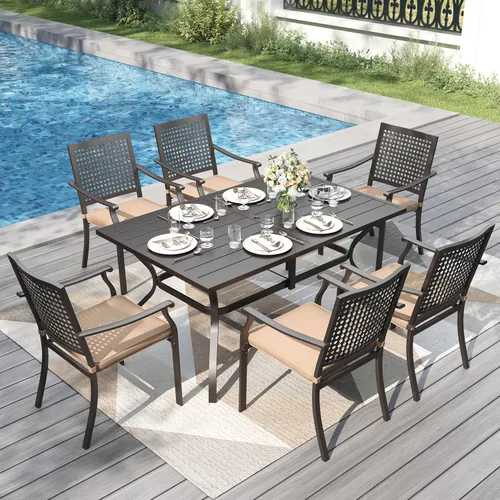 Vista 19 de PHI VILLA Juego de comedor al aire libre de 5 piezas para 4, sillas apilables con cojines y mesa cuadrada de madera de 37 pulgadas con agujero