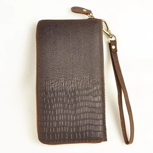 Vista 2 de Le'aokuu Unisex calidad cuero genuino cadena embrague mano bolso organizador monedero chequera cremallera cartera 1016, Cocodrilo marrón