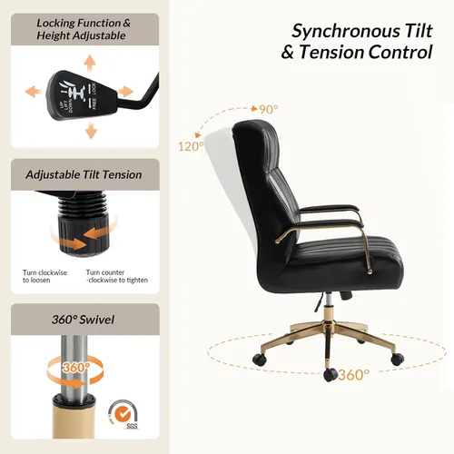 Vista 4 de HULALA HOME Silla de oficina ejecutiva moderna, silla de escritorio ergonómica copetuda de piel sintética con base chapada en oro y reposabrazos