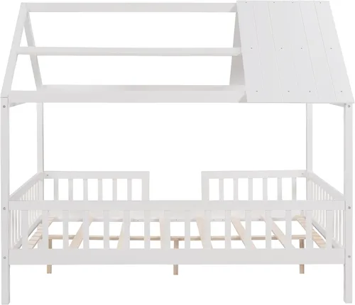 Vista 10 de Merax Cama de casa completa para niños, marco de cama matrimonial de madera en forma de casa, marco de cama con ventanas de techo y barandillas