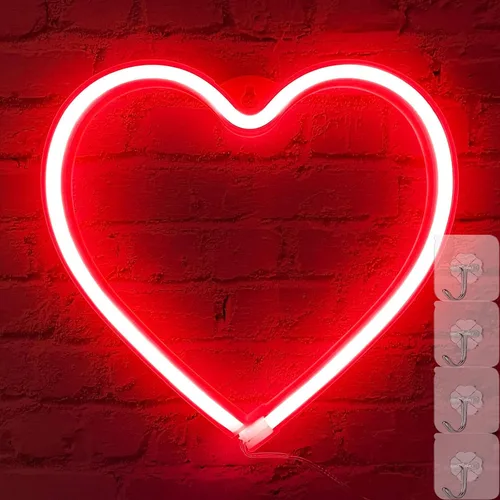 Vista 8 de Letrero de corazón de neón, luz LED roja para dormitorio, lámpara colgante para decoración de pared, funciona con USB