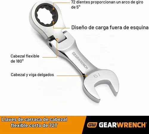 Vista 2 de GEARWRENCH Juego de llaves combinadas de trinquete de cabeza flexible rechoncha de 12 puntos, SAE - 9570