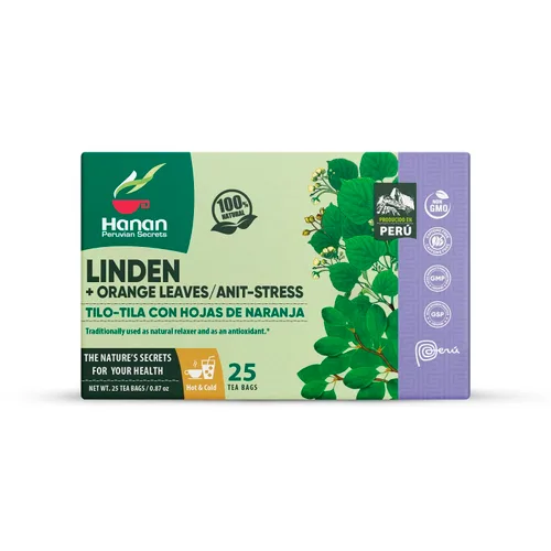 Vista 2 de Hanan Peruvian Secrets Té de hierbas de tilo y naranja, 100% natural, 25 bolsas de té