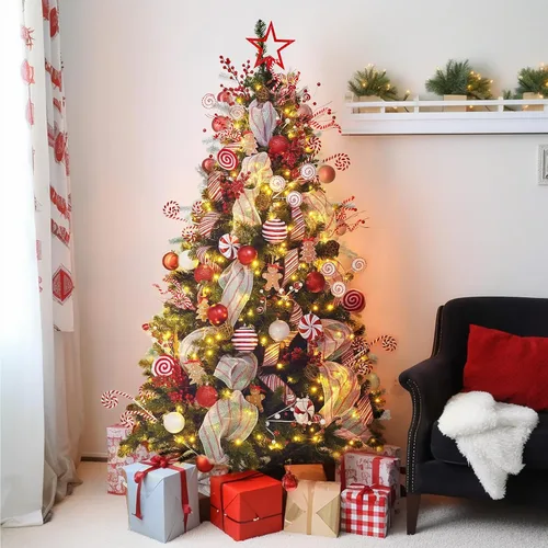 Vista 4 de WBHome Árbol de Navidad artificial preiluminado de 7 pies con 400 luces LED enchufables y paquete de adornos, decoraciones de Navidad con temas