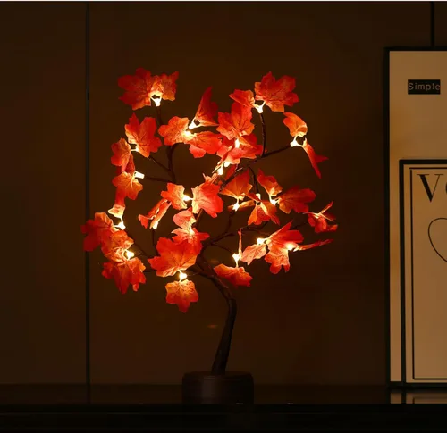 Vista 8 de Árbol de arce artificial iluminado de otoño, 24 luces LED, decoraciones de Acción de Gracias, funciona con batería/USB, árbol pequeño preiluminado