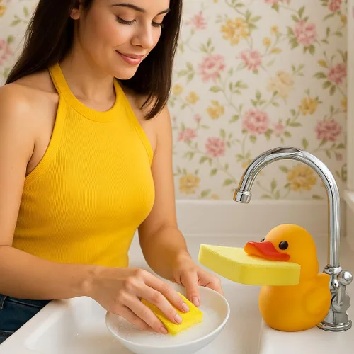 Vista 2 de Soporte con forma de animal para esponja de cocina, rana o pato a elección, con esponja, pato amarillo