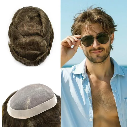 Vista 40 de Toupee de cabello humano fino mono revestido de poliéster para hombre, postizo de monofilamento duradero NPU monofilamento tupé para hombres