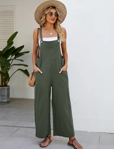 Vista 2 de Overol con peto para mujer, cuello cuadrado, sin mangas, ajustable, casual, de algodón, de pierna ancha, holgado, con bolsillos, 2024