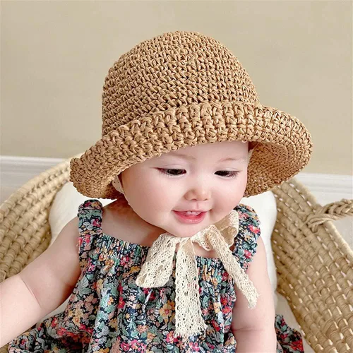 Vista 5 de Sombreros de paja para niñas pequeñas y plegables de ala ancha para verano, sombrero de paja para fotografía de bebé, sombreros de paja