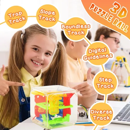 Vista 8 de 3 nutrias 3D Puzzle Maze Cube, 5 pulgadas 72 obstáculos Brain Teaser Interactive Sphere Maze Game for Developing Focus, Problem-Solving, Classroom