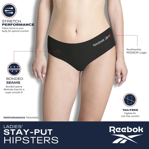 Vista 3 de Reebok Ropa interior para mujer - Calzoncillos hipster elásticos de rendimiento (4 unidades)
