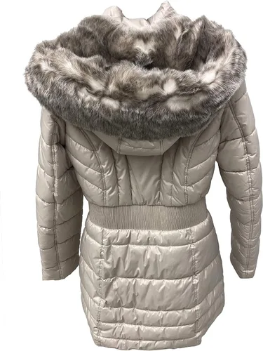 Vista 2 de Laundry by Shelli Segal womens Quilted Puffer Coat with Faux Fur-Trimmed Hood & Fit-and-Flare Waist Hueso