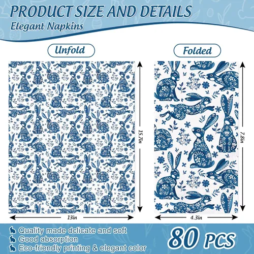 Vista 2 de JarThenaAMCS 80 servilletas desechables de Pascua para invitados de Pascua, servilletas de papel de conejo cian blanco, servilletas de papel vintage