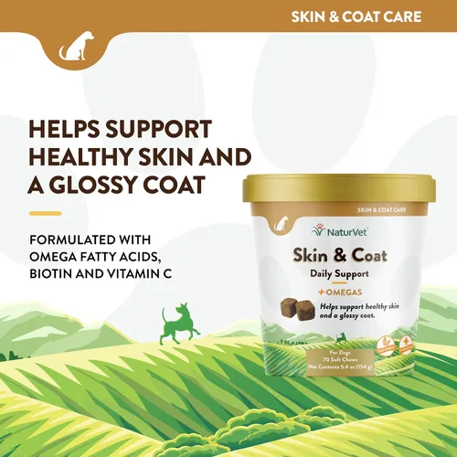 Vista 3 de NaturVet Skin and Coat Plus Aliento para perros, 70 unidades masticables suaves, fabricados en los Estados Unidos con ingredientes de origen mundial