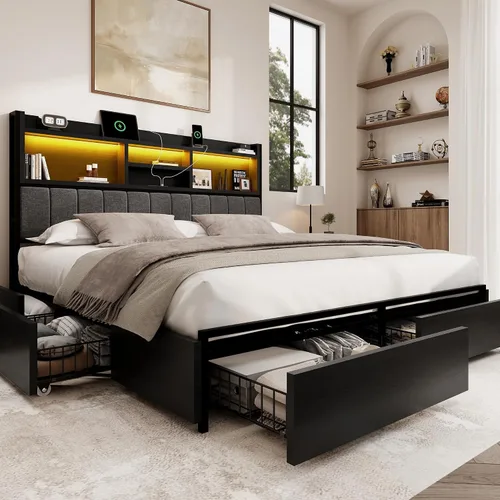 Vista 14 de BRELTAM Base de cama Queen con 6 cajones de almacenamiento, cabecera tapizada de lino, estación de carga USB integrada e iluminación LED, soporte