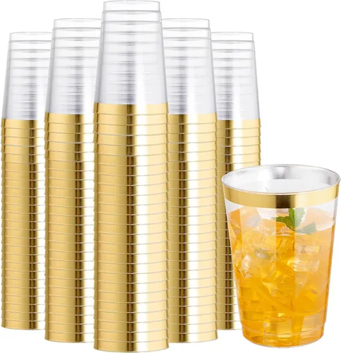 Vista 12 de I00000 Paquete de 100 unidades de vasos de plástico dorado de 12 onzas, vasos desechables con borde dorado, vasos de vino desechables y copas