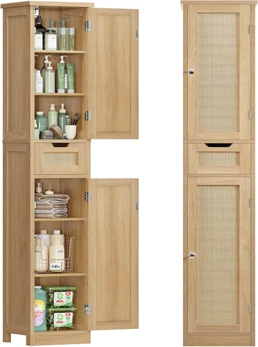 Vista 10 de Iwell Armario de baño de 67 pulgadas de alto, armario de almacenamiento con 2 puertas y 1 cajón, armarios de almacenamiento de baño con estantes