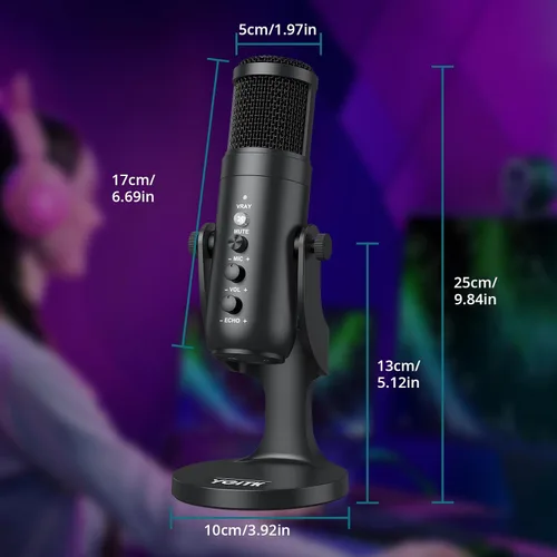 Vista 6 de Micrófono de condensador USB para computadora, micrófono de PC Plug & Play con ganancia de micrófono eco, control de volumen y botón de silencio