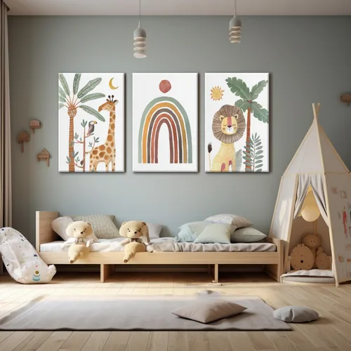 Vista 4 de Wodkwq Arte de pared para guardería, impresiones en lienzo de animales de safari, póster para decoración de habitación de bebé, decoración