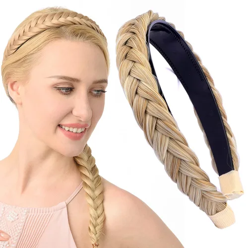 Vista 33 de Ancho de 1.5 cm Banda de pelo sintético trenzada estrecha con dientes para mujeres y niñas (Negro)