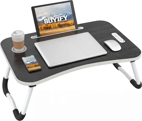 Vista 8 de BUYIFY Escritorio Plegable para Regazo, Escritorio Portátil de Madera Negra de 23 Pulgadas para Laptop en Cama con Portavasos, para Trabajar, Leer