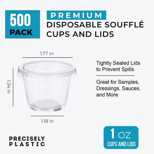 Vista 2 de [500 juegos – 1 onza] Vasos desechables de plástico para soufflé/porciones con tapas a granel perfecto para vasos de chupito, condimentos, aderezos
