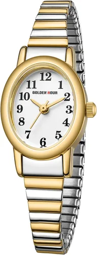Vista 9 de GOLDEN HOUR Reloj dorado de fácil lectura para mujer con banda de expansión, caja ovalada