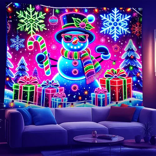 Vista 17 de NYZE - Tapiz de Navidad con Papá Noel, tapiz de luz negra que brilla en la oscuridad, colgante de pared, banner festivo, decoración para fiesta