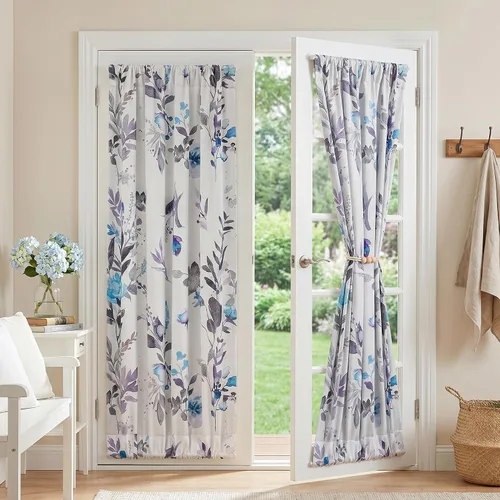 Vista 32 de MYSKY HOME Cortinas florales para puerta francesa de 40 pulgadas de largo, juego de 2 cortinas opacas de privacidad con bolsillo para barra A-verde