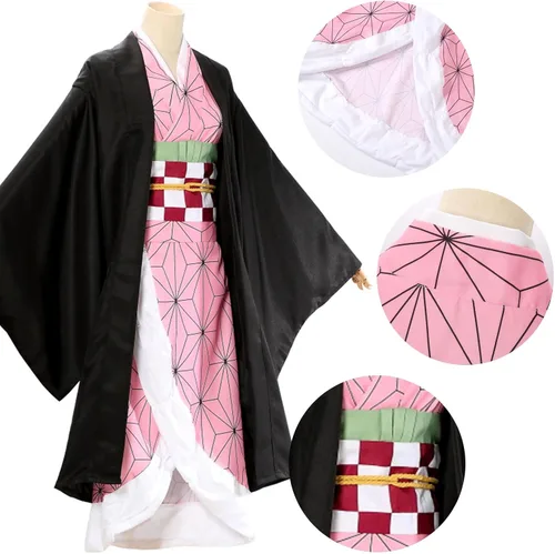 Vista 4 de Disfraz de cosplay, bata negra, kimono rosa, traje para hermana, bata negra, uniforme rosa con trajes completos de anime, conjunto de abrigo