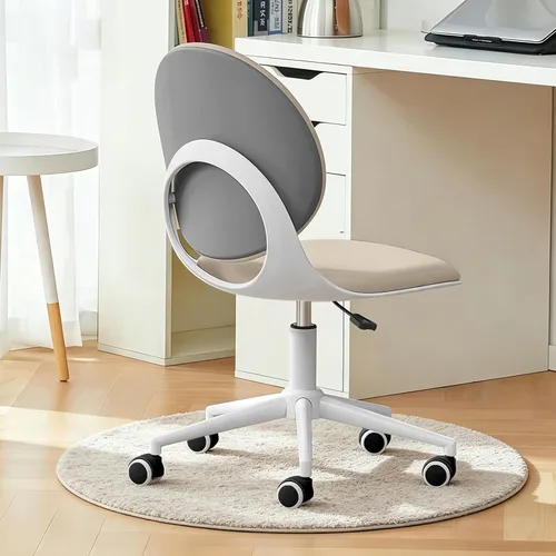 Vista 3 de Silla moderna de oficina en casa, silla de escritorio de tela de piel sintética sin brazos con respaldo medio, silla giratoria de altura ajustable