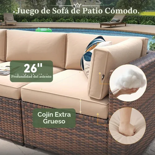 Vista 3 de Aoxun - Juego de 7 piezas de muebles de patio de mimbre de ratán, conjunto de sofá modular para conversación de patio con mesa de café y cojines